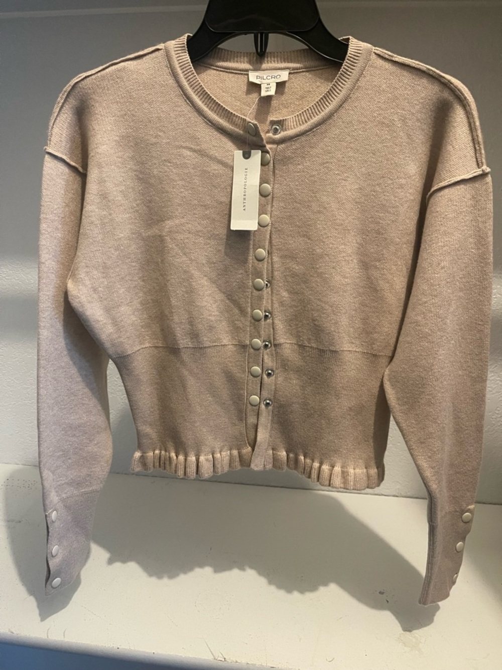 PILCRO by Antropologie Crew-Neck Fitted-Waist Cardigan Sweater-Neutral XS